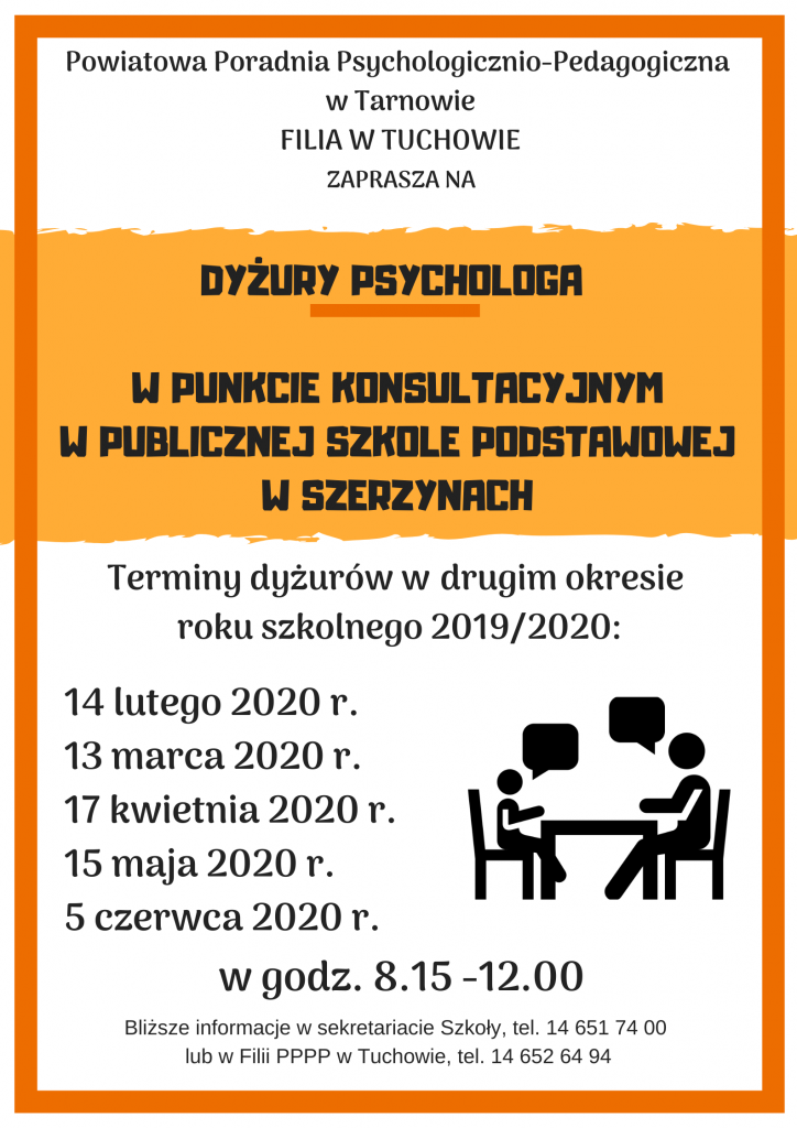 Zaproszenie Filii PPPP w Tuchowie na dyżury psychologa w punkcie konsultacyjnym w Publicznej Szkole Podstawowej w Szerzynach
