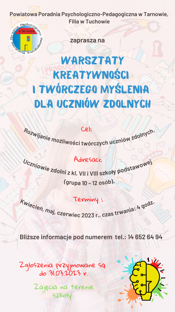 Plakat - zaproszenie na warsztaty kreatywności i twórczego myślenia dla uczniów zdolnych 