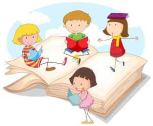 dwoje dzieci siedzi na książce, jedno dziecko idzie, troje dzieci czyta książkę, jedno dziecko idzie po książce a drugą książkę trzyma na głowie